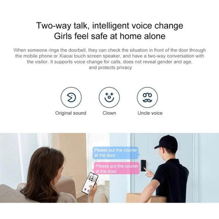 Xiaomi Wireless Smart Doorbell for Remote Door Monitoring showing two-way talk, voice change icons, smartphone live view and courier delivery