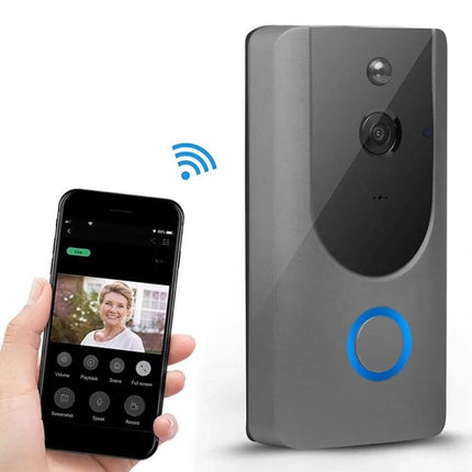 Wireless Smart WiFi Video Doorbell for Remote Home Monitoring with Night Vision showing doorbell unit and mobile app live view