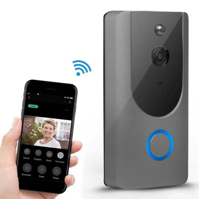 Wireless Smart WiFi Video Doorbell for Remote Home Monitoring with Night Vision showing doorbell unit and mobile app live view