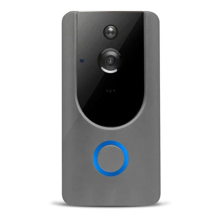 Wireless Smart WiFi Video Doorbell for Remote Home Monitoring with Night Vision - sleek grey wireless video doorbell with night vision and blue ring button