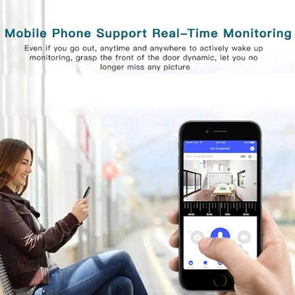 Wireless Smart WiFi Video Doorbell for Remote Home Monitoring with Night Vision showing mobile app live view and a user monitoring door remotely
