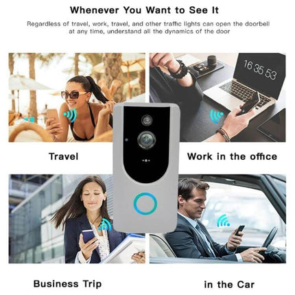 Wireless Smart WiFi Video Doorbell for Remote Home Monitoring with Night Vision showing mobile alerts while traveling, at work, on business trips and in the car