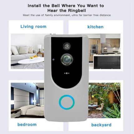 Wireless Smart WiFi Video Doorbell for Remote Home Monitoring with Night Vision - wireless doorbell camera shown with living room kitchen bedroom backyard placement