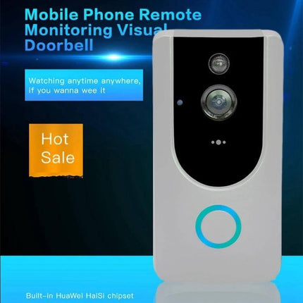 Wireless Smart WiFi Video Doorbell for Remote Home Monitoring with Night Vision showing white doorbell unit and mobile remote monitoring text