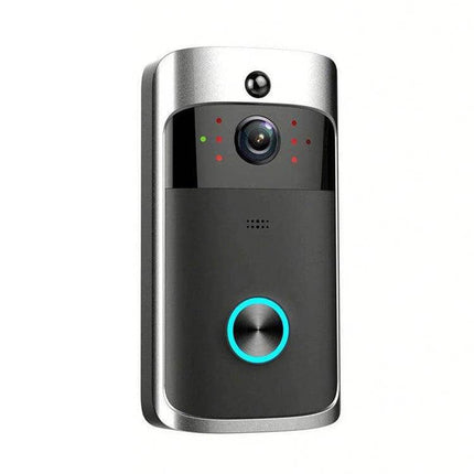 Smart WiFi Video Doorbell with Remote Monitoring and Night Vision installed on home entryway showing camera lens and illuminated door button