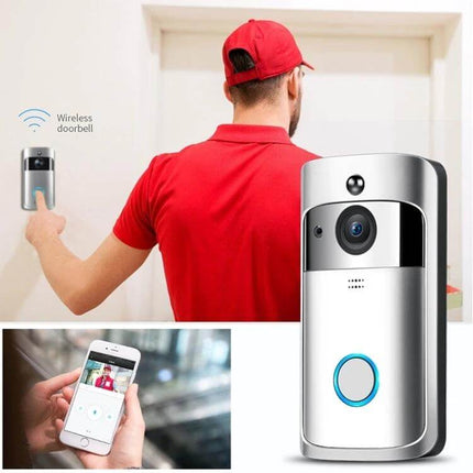 Smart WiFi Video Doorbell with Remote Monitoring and Night Vision showing courier at door, live smartphone feed and silver wireless doorbell