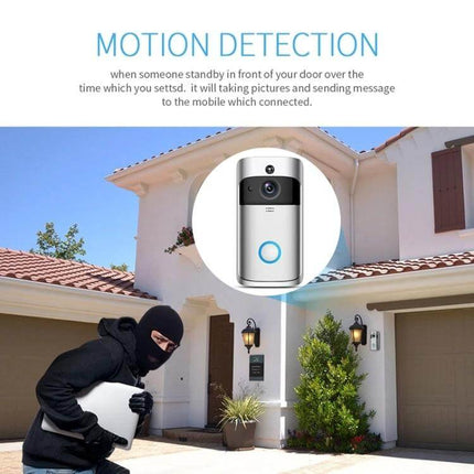 Smart WiFi Video Doorbell with Remote Monitoring and Night Vision showing motion detection at a home entrance deterring a thief