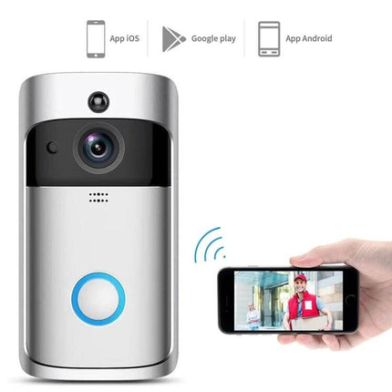 Smart WiFi Video Doorbell with Remote Monitoring and Night Vision showing doorbell, camera, and smartphone live view for front door monitoring