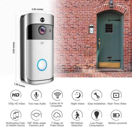 Smart WiFi Video Doorbell with Remote Monitoring and Night Vision showing doorbell installed next to front door, night vision and app monitoring features