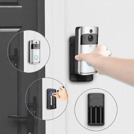 Smart WiFi Video Doorbell with Remote Monitoring and Night Vision mounted at a front door showing installation, battery pack, and smartphone interaction