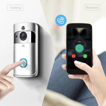 Smart WiFi Video Doorbell with Remote Monitoring and Night Vision showing doorbell on wall and smartphone remote live view