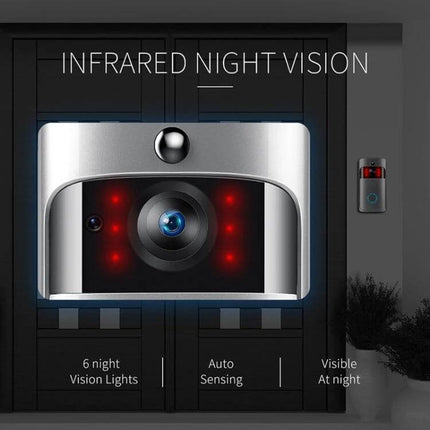 Smart WiFi Video Doorbell with Remote Monitoring and Night Vision mounted on front door showing infrared night vision lights and camera lens