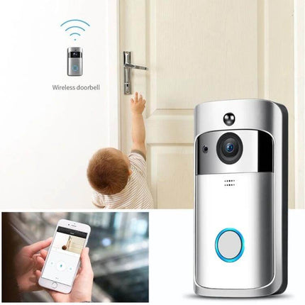 Smart WiFi Video Doorbell with Remote Monitoring and Night Vision showing camera, app live feed, and front-door monitoring