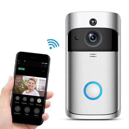 Smart WiFi Video Doorbell with Remote Monitoring and Night Vision showing doorbell and smartphone live feed for front door monitoring