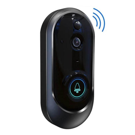 Smart WiFi Video Doorbell for Remote Monitoring and Intercom showing black wireless doorbell with camera and illuminated button