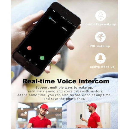 Smart WiFi Video Doorbell for Remote Monitoring and Intercom showing phone call screen and real-time voice intercom for checking visitors and packages