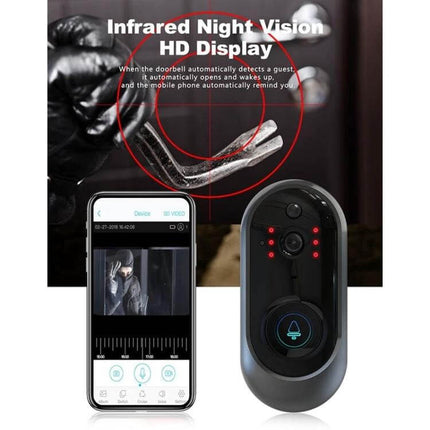 Smart WiFi Video Doorbell for Remote Monitoring and Intercom showing smartphone live feed, infrared night vision and wireless doorbell unit