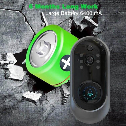 Smart WiFi Video Doorbell for Remote Monitoring and Intercom showing doorbell unit with long‑life 6400mAh battery and wireless installation