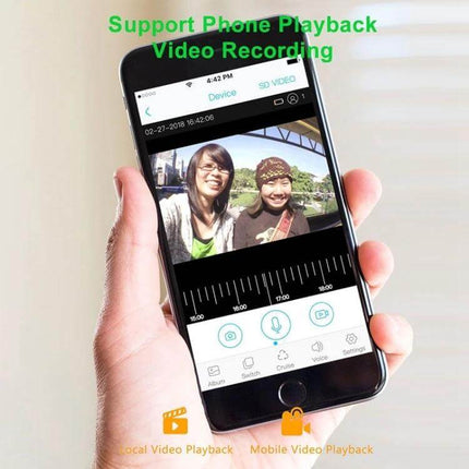 Smart WiFi Video Doorbell for Remote Monitoring and Intercom showing mobile app playback of visitors and two-way audio on a smartphone screen