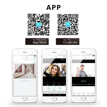 Smart WiFi Video Doorbell for Remote Monitoring and Intercom app screenshots showing mobile live view, two-way talk, and QR codes for download