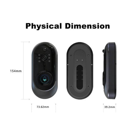 Smart WiFi Video Doorbell for Remote Monitoring and Intercom showing front, back and side views with dimensions 154mm x 73.62mm x 39.2mm