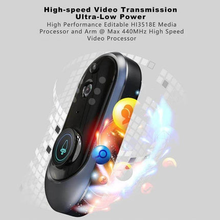 Smart WiFi Video Doorbell for Remote Monitoring and Intercom showing sleek wireless unit with camera, button and visual transmission effects