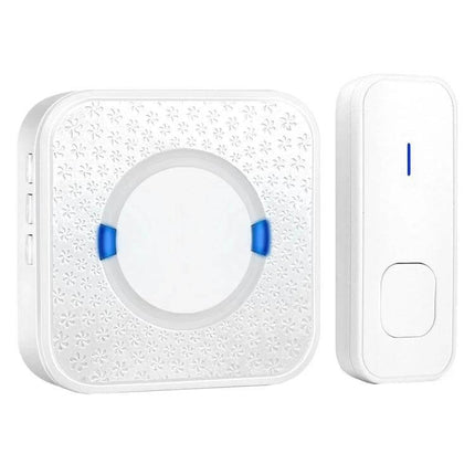 Wireless Waterproof Doorbell Receiver for Home Notifications white square receiver and slim push button with blue LED, waterproof wireless door chime set