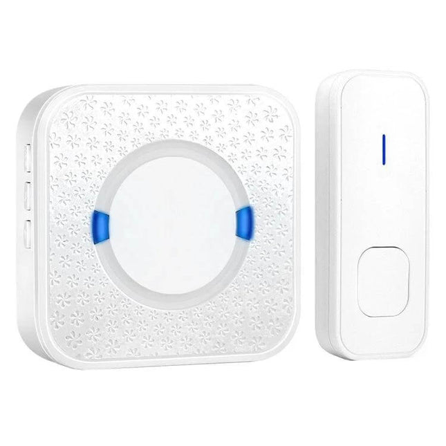 Wireless Waterproof Doorbell Receiver for Home Notifications - white wireless waterproof receiver and button with blue LED accents