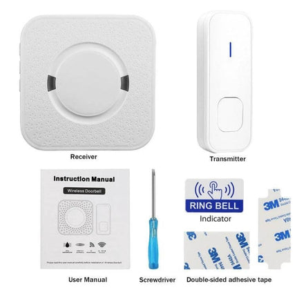 Wireless Waterproof Doorbell Receiver for Home Notifications - white receiver and transmitter kit with manual, screwdriver and adhesive tape