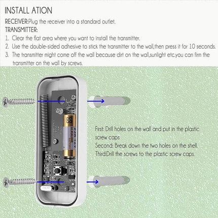 Wireless Waterproof Doorbell Receiver for Home Notifications showing receiver interior, battery, mounting screws and installation steps