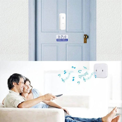Wireless Waterproof Doorbell Receiver for Home Notifications mounted on door and plugged-in receiver alerting family on couch