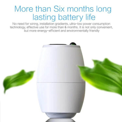 Wireless Smart Home Door Viewer Camera with Night Vision showing compact white door camera and text highlighting more than six months battery life