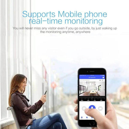 Wireless Smart Home Door Viewer Camera with Night Vision showing mobile app live view for remote monitoring