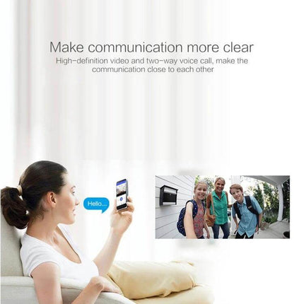 Wireless Smart Home Door Viewer Camera with Night Vision showing woman using smartphone two-way video call to see visitors at the door