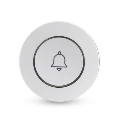 Wireless Anti-Theft Doorbell Button for Home Security white circular wireless button with bell icon, compact CR2032 battery powered anti-theft sensor