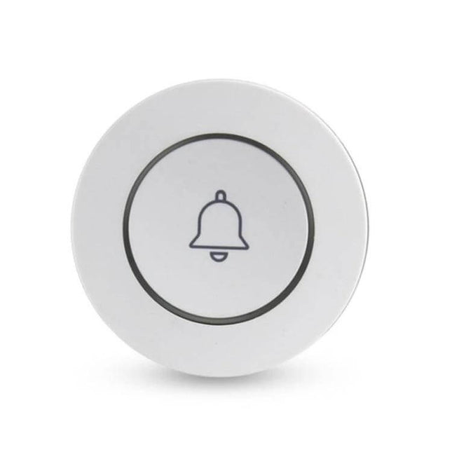 Wireless Anti-Theft Doorbell Button for Home Security white circular wireless button with bell icon, compact CR2032 battery powered anti-theft sensor
