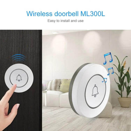 Wireless Anti-Theft Doorbell Button for Home Security white wireless doorbell button shown on door and in living room with musical notes