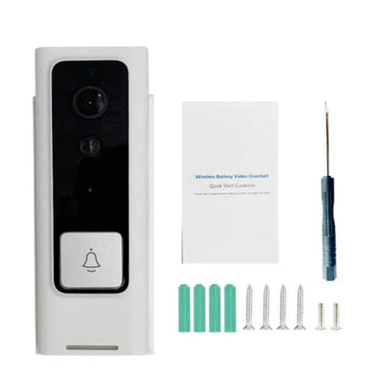 Wireless Video Doorbell with Infrared Motion Detection for Homes white unit with wide-angle camera, button, mounting screws and screwdriver