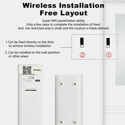 Wireless Video Doorbell with Infrared Motion Detection for Homes mounted on door and wall showing wireless installation options and 100-degree wide-angle view
