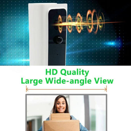 Wireless Video Doorbell with Infrared Motion Detection for Homes showing device, 100-degree wide-angle HD view and package delivery monitoring