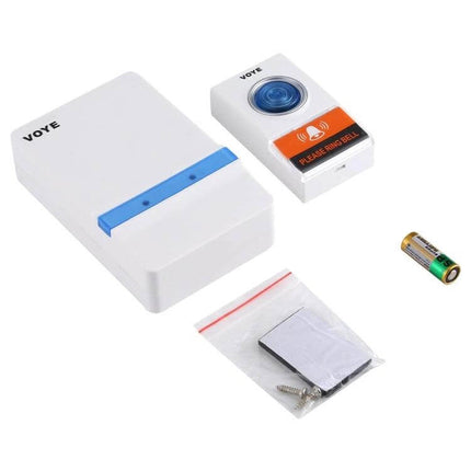 VOYE V012A Remote Control Wireless Doorbell with Music Sounds - white transmitter and receiver kit with battery and mounting hardware