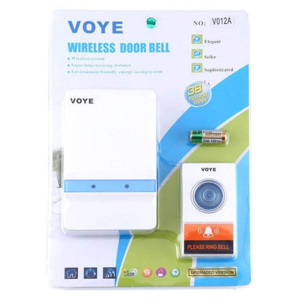 VOYE V012A Remote Control Wireless Doorbell with Music Sounds - white battery-powered transmitter and receiver kit in retail packaging