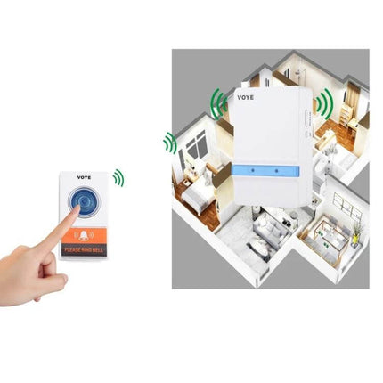 VOYE V012A Remote Control Wireless Doorbell with Music Sounds showing push button transmitter and receiver covering multiple rooms