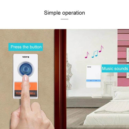 VOYE V012A Remote Control Wireless Doorbell with Music Sounds showing transmitter button pressed and receiver inside room