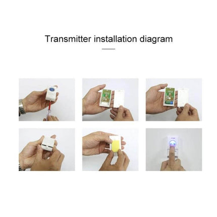 VOYE Wireless Doorbell with 38 Polyphony Sounds for Home Entry transmitter installation diagram showing hands opening, wiring, adhesive and testing button
