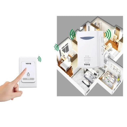 VOYE Wireless Doorbell with 38 Polyphony Sounds for Home Entry showing transmitter button and receiver covering multi-room home