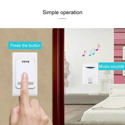 VOYE Wireless Doorbell with 38 Polyphony Sounds for Home Entry showing transmitter button pressed and receiver playing music sounds