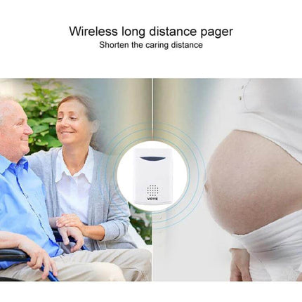 VOYE Wireless Doorbell with 38 Polyphony Sounds for Home Entry white receiver shown between elderly couple and pregnant woman illustrating long-distance wireless pager