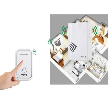 VOYE Wireless Doorbell for Everyday Home Notifications showing transmitter button and receiver covering multiple rooms