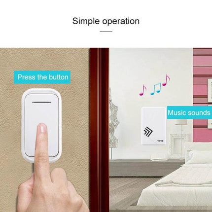 VOYE Wireless Doorbell for Everyday Home Notifications - finger pressing wireless doorbell button with music sound receiver in bedroom